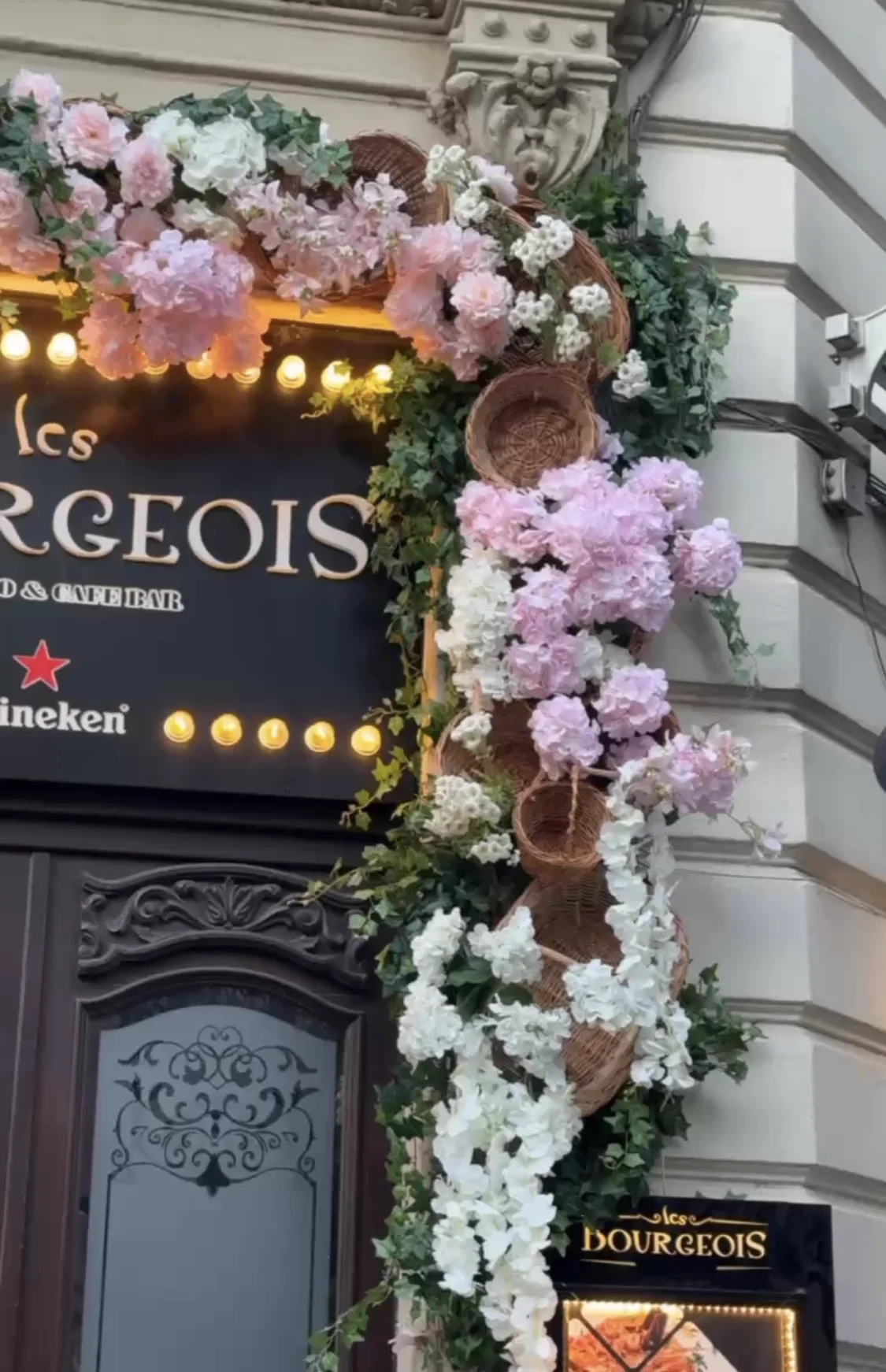 Close-up of a floral facade installation