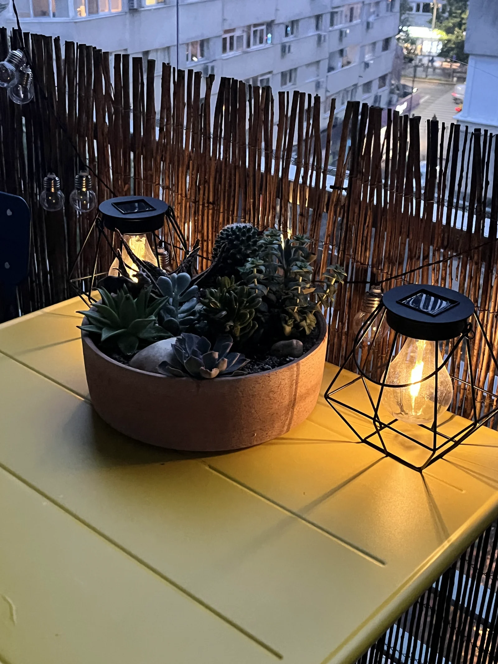 Succulent bowl and lanterns on the balcony at dusk