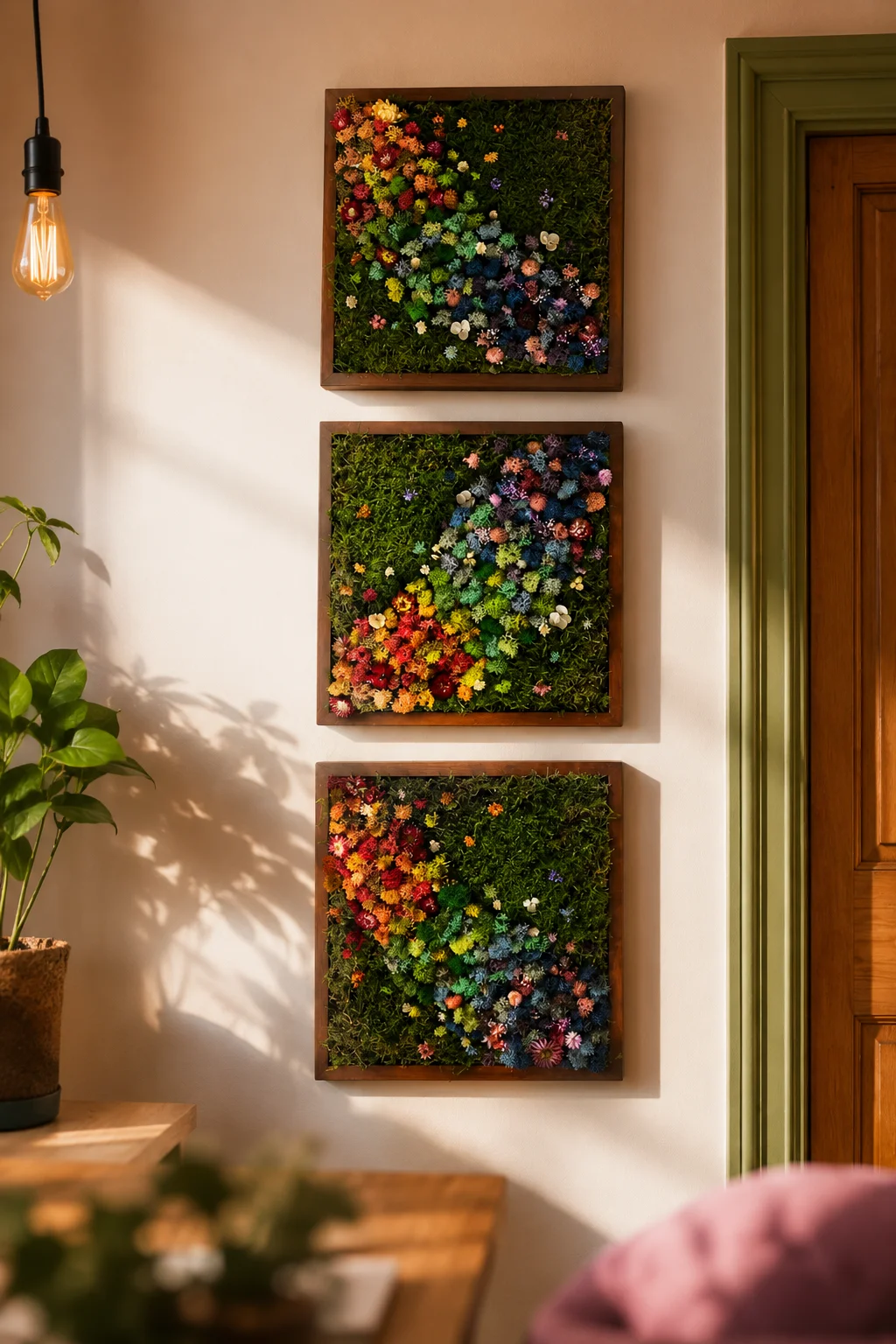 Framed moss and dried flower wall art triptych
